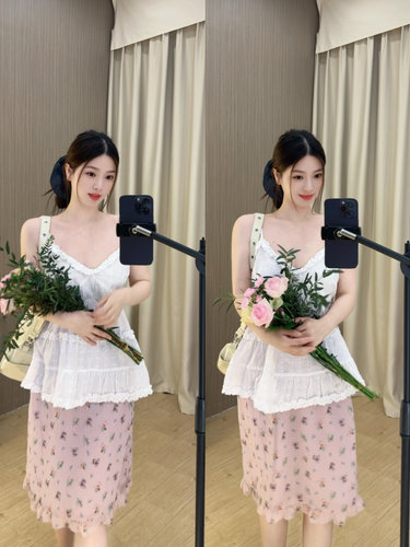 鱼没放 在雨中 唯美浪漫荷叶花边半身裙 复古碎花裙 - 图0