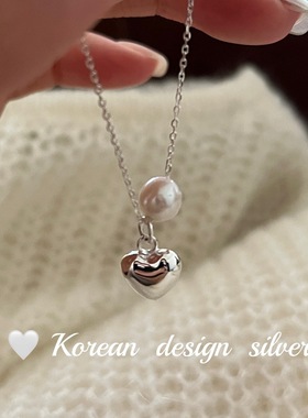 日系韩版小清新饰品 S925纯银爱心形珍珠项链 简约叠戴锁骨链女