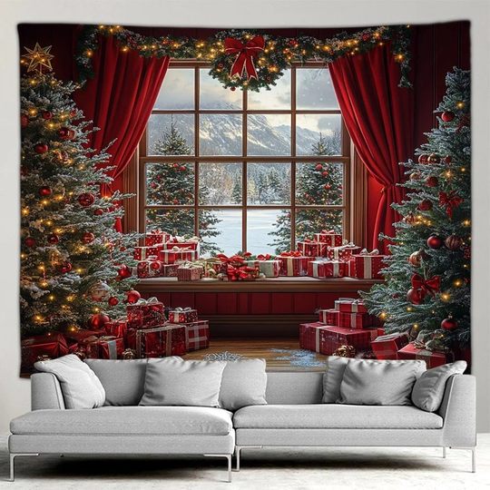 Christmas tree red curtain atmosphere background cloth hanging cloth