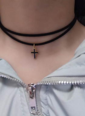 新款韩版双绳锁骨链黑色鹿皮绳项圈樱桃吊坠黑珠子学生短款项链女