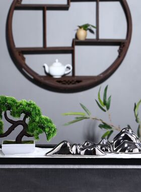 新中式风禅意软装陶瓷银色假山