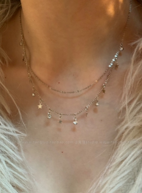 星星碎片~浅钛金双层星星水钻流苏锁骨链女小众氛围感叠戴细项链