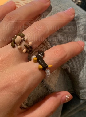 油画腊肠修狗珍珠戒指女秋冬