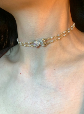 棠洛 炫彩珍珠蝴蝶结choker颈链女甜酷辣妹锁骨链y2k项圈日常高级