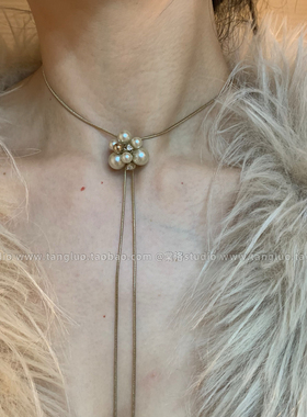 摩卡金珠 抽拉式立体花朵choker颈链女高级感秋冬毛衣链y字流苏链