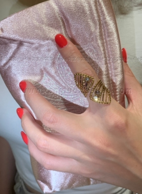 棠洛 金色螺纹不锈钢镂空戒指女镶嵌天然石食指戒指叠戴vintage潮