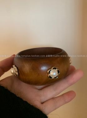 【棠洛】美式vintage珍珠木质手镯女夸张木头手环中古风叠戴手饰