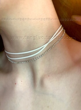 棠洛 「天使告白」奶白色皮革闪钻choker颈链女多层叠戴锁骨链潮