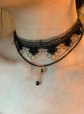 微醺时刻 暗黑蕾丝choker叠戴尖晶石流苏锁骨链小众手作甜酷颈链