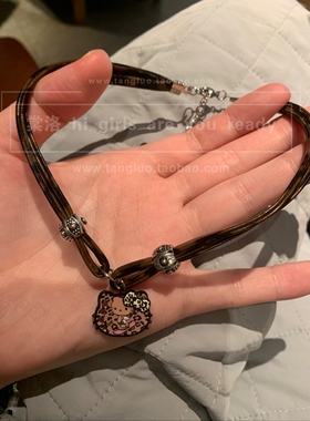豹纹kitty颈链女y2k千禧辣妹软皮革项圈choker锁骨链个性小众项链