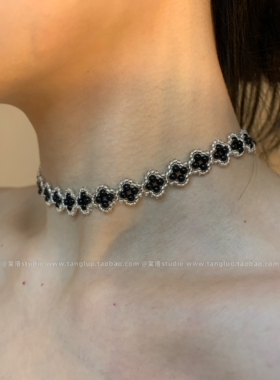 手工编织款 黑色四叶草串珠choker颈链女波西米亚风精致锁骨链潮