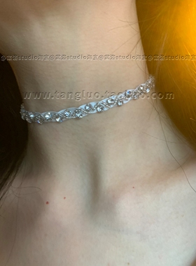 白色锆石碎片choker颈链女细款闪钻锁骨链个性宴会生日颈带配饰潮