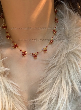 棠洛手作红色串珠叠戴十字架项链女小众显白锁骨链高级感辣妹饰品