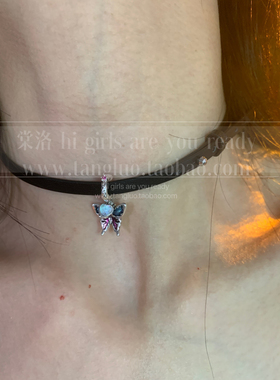 彩釉蝴蝶choker颈链女细款黑色软皮革项圈显脖子细锁骨链高级感潮