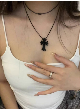 克罗*同款黑色十字架项链绕圈叠戴长款毛衣链辣妹配饰彩色十字架