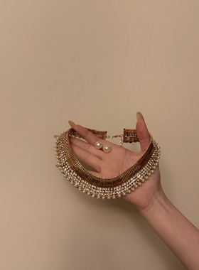 尼罗河花园 夸张金色镶钻珍珠项圈女宴会生日配饰项链波西米亚风