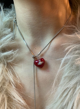 显白的红色土星吊坠项链女小众个性抽拉式锁骨链日常百搭高级感潮