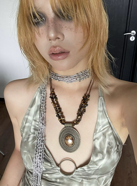 棠洛 尼泊尔vintage大圆盘吊坠项链夸张长款波西米亚风废土项链