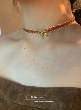 棠洛 橘色薄纱蝴蝶结choker颈链女春夏氛围感丝带锁骨链日常百搭