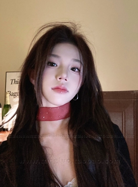 棠洛 原创红色满天星宽版网纱choker颈链女红色丝带布艺项圈辣妹