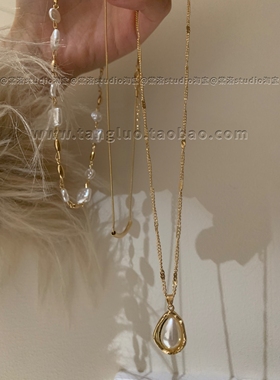 3条装欧美ins感异形珍珠金色锁骨链叠戴女多层项链套装小众辣妹风