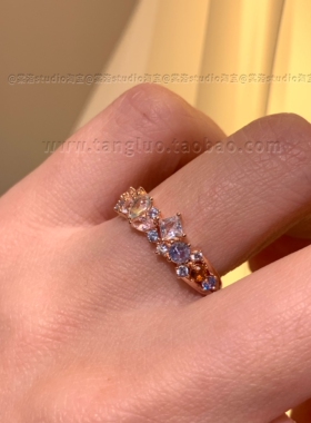 玫瑰金锆石爆闪细戒女小众高级感显手细长食指戒指精致小巧指环潮