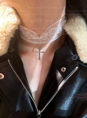 「坠落天使」蕾丝十字架choker颈链女辣妹风白色项圈小众设计感潮