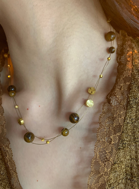 小众高级感秋冬虎眼石项链女vintage美拉德咖色锁骨链轻奢毛衣链