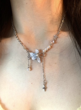 碎冰冰水晶花朵流苏锁骨链女小众春夏ins感短款项链精致感细项链
