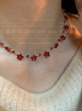 手作款 显白~山野莓莓红色水晶串珠锁骨链女小众波西米亚风颈链潮
