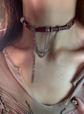 美式甜心深红色链条流苏choker