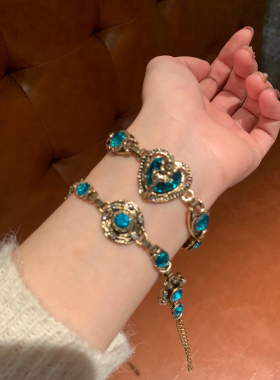 独特中古蓝色爱心玫瑰手链女小众古着感手环异域波西米亚风配饰潮