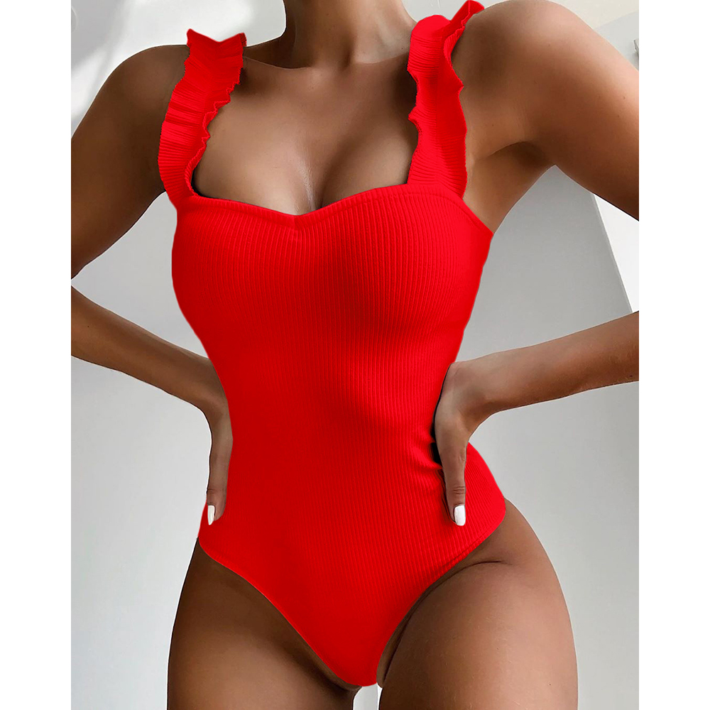 Vintage Swimsuit Women One Piece Ruffle Strap Swimwear Femal-图2