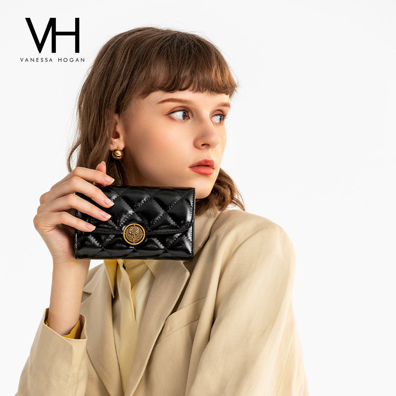 vh玫瑰菱格气质多卡位质感牛皮女包 vanessahogan钱包