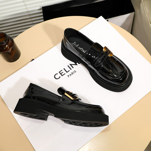 英伦风小皮鞋女秋季复古漆皮一脚蹬乐福鞋平底大头鞋厚底中跟单鞋 - 图0