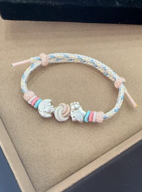 足银999星星人纯银配件手工编绳diy泡泡玛特抱兔狐狸kt猫手串银珠