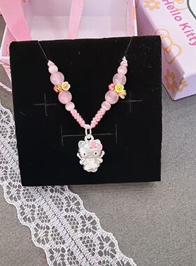 自拍儿童足银999纯银hellokitty猫编绳凯蒂猫项链吊坠送六一礼物