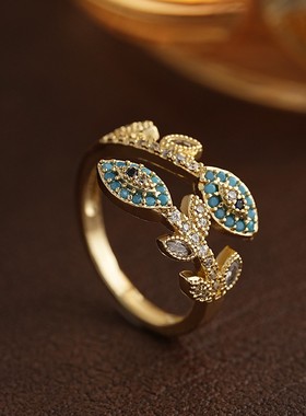 Vintage时尚个性树叶戒指女彩色锆石开口指环精致小众设计感手饰