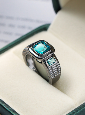 日韩男士铜材质海蓝石戒指