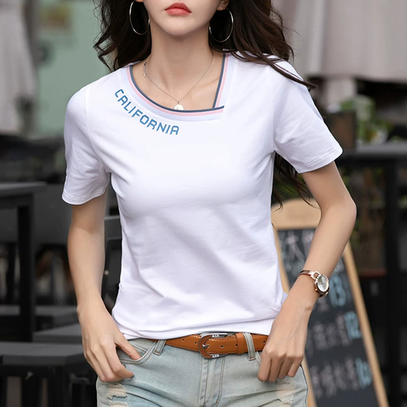 Cotton T-shirt, summer black summer clothing, slim fit, V-neckline
