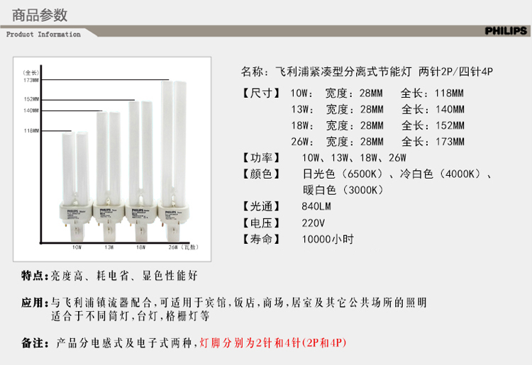 飞利浦节能灯筒灯插管分离式插拔管PL-C10W13W18W26W2针4针灯管 - 图3