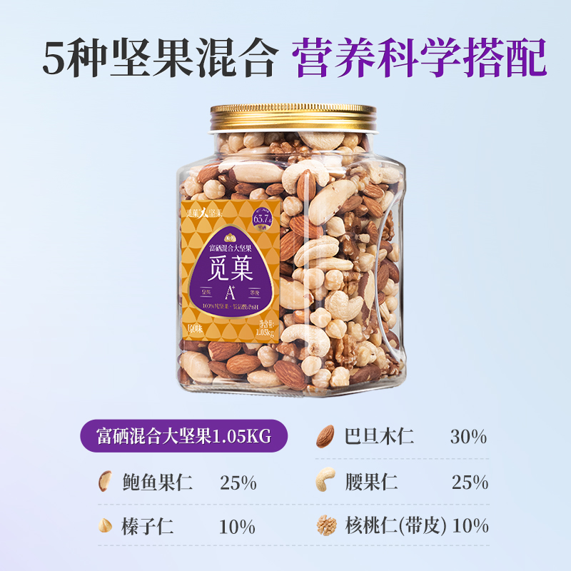 觅菓富硒大混合坚果仁2.1斤罐装原味每日健身干果零食（含鲍鱼果 - 图0