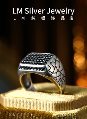 S925纯银戒指黑锆石男款指环开口可调节霸气方形纯银男士复古潮流