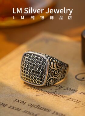 S925纯银镶嵌黑锆石方形男士戒指复古活口可调节男款纯银正品戒指