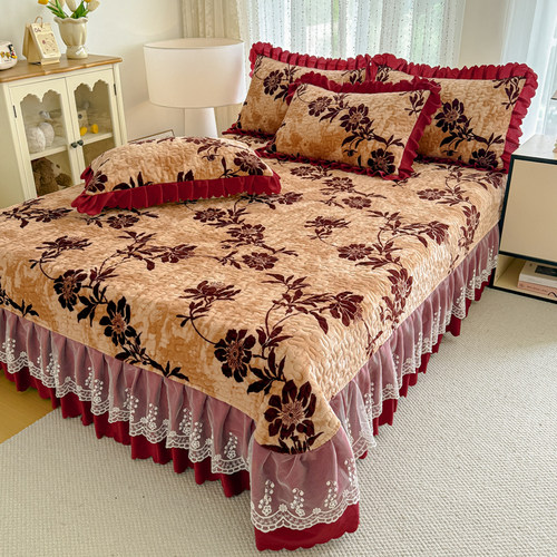 2025秋冬加厚保暖牛奶绒床盖四件套夹棉床裙三件套床罩床单件防滑 - 图3