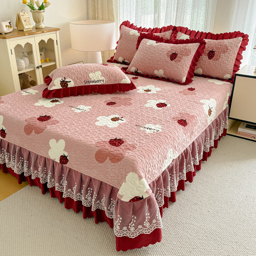 2025秋冬加厚保暖牛奶绒床盖四件套夹棉床裙三件套床罩床单件防滑 - 图0