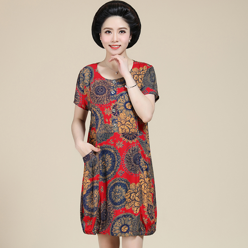 2018新款夏装中老年女棉绸短袖连衣裙中长款