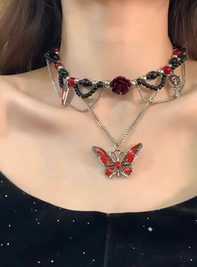 暗黑系猩红蝴蝶choker项链复古哥