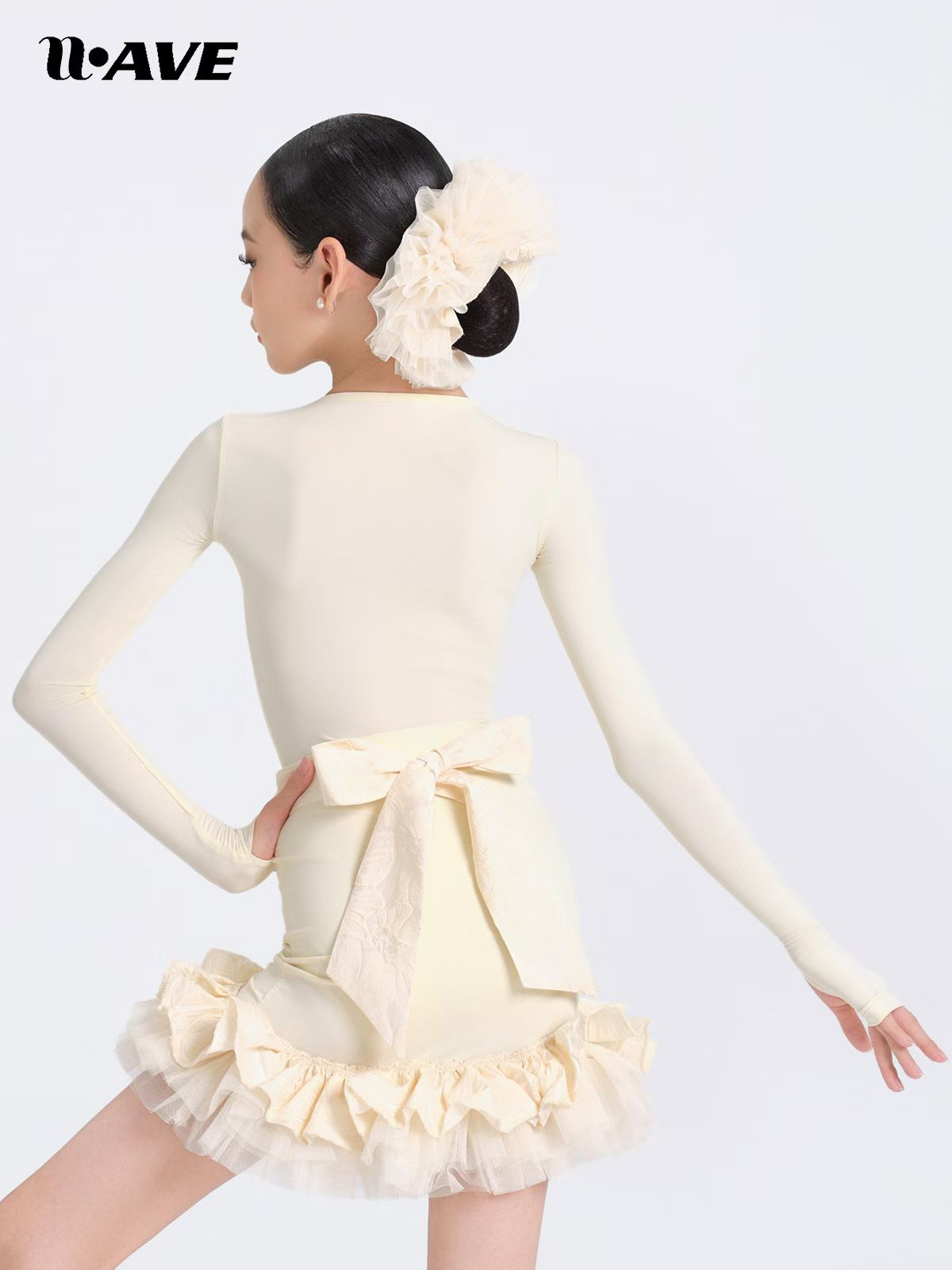 wave未午舞服少儿拉丁舞秋冬花予香颂长袖精致女童跳舞蕾丝方领 - 图2