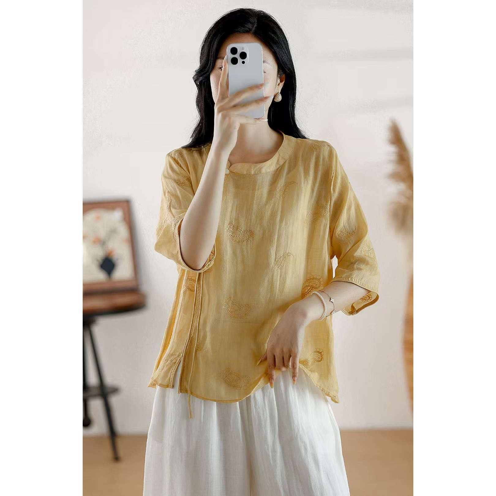 100%纯苎麻短袖上衣女短款刺绣斜门襟手工立体花文艺衬衫夏季棉麻